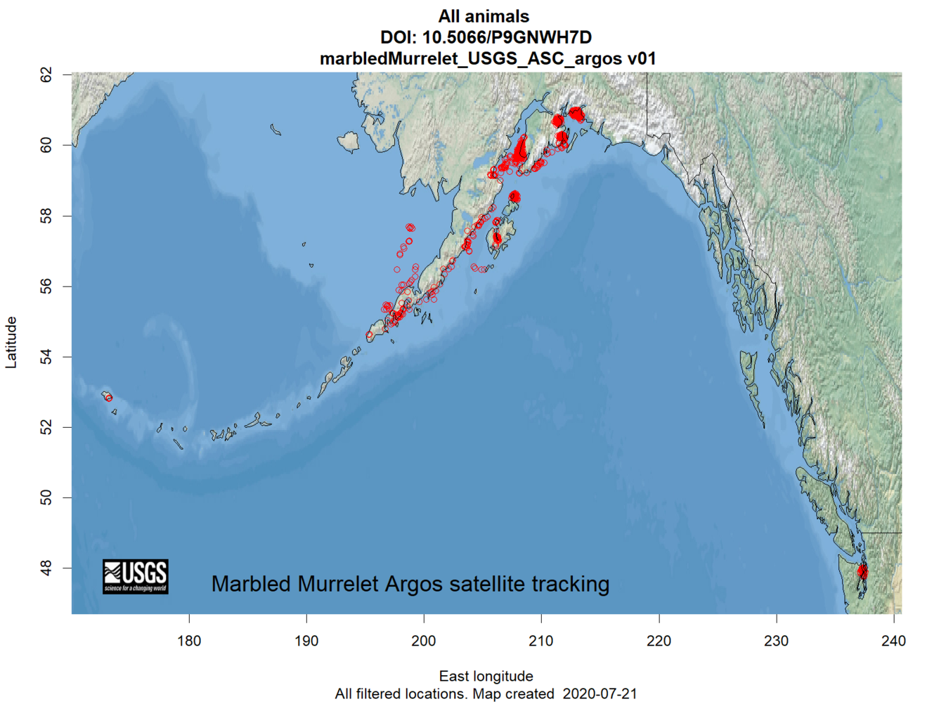 Map showing the locations of where Marbled Murrelets were tracked in Alaska.