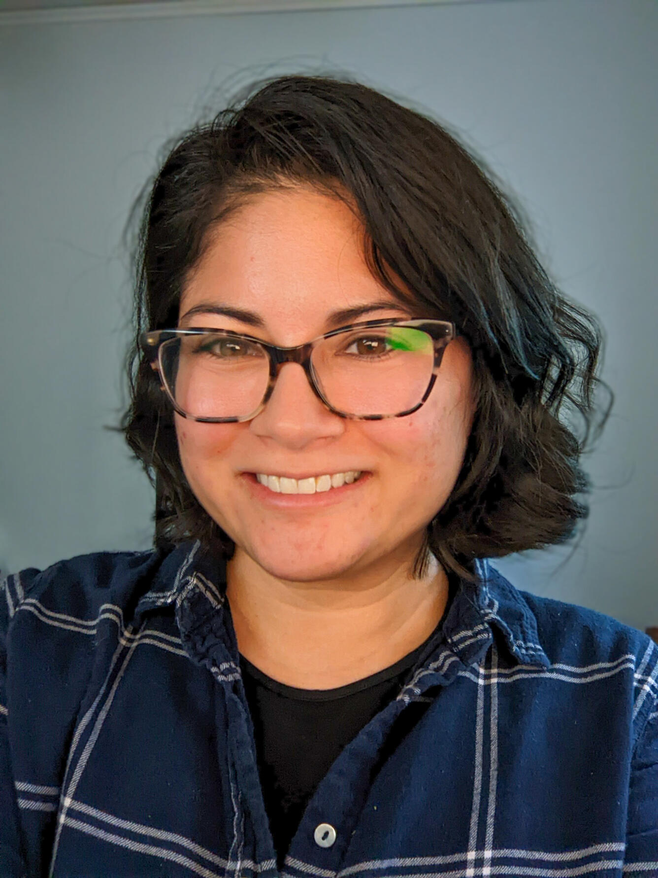 A woman with short dark hair and glasses smiles at the camera while wearing a dark blue and white plaid button up with a black shirt underneath.