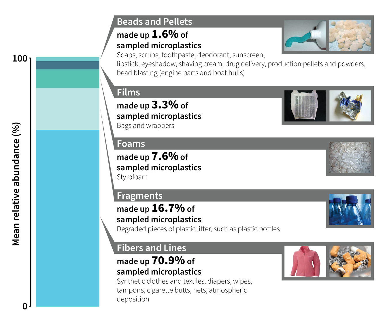 informational graphic showing the mean relative abundance of different types of microplastics in the Great Lakes