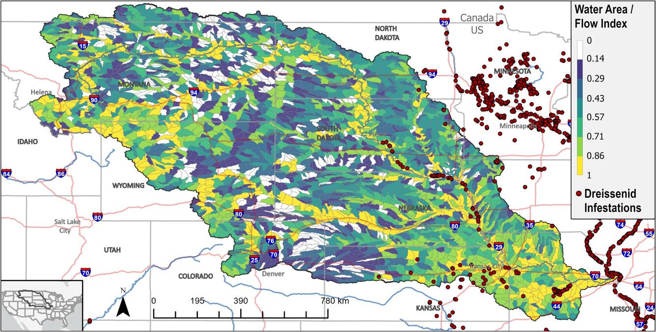 Map of Missouri River Basin showing risk of Dreissenid Mussel infestation