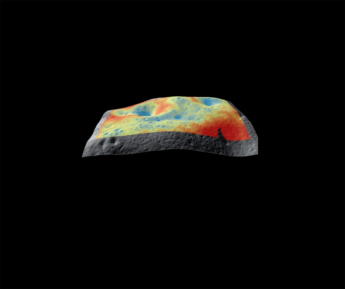 Map of the moon showing likely locations of ice near the south pole. Blue locations are more likely, and red, less so.