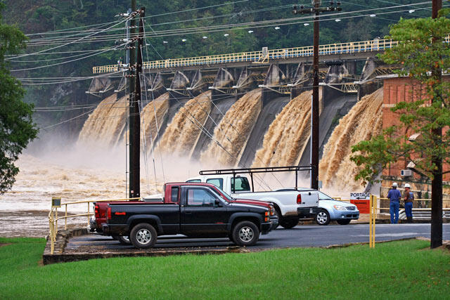 Water being released from the Morgan Falls Dam, Chattahoochee River, City of Sandy Springs, Fulton and Cobb Counties, Georgia