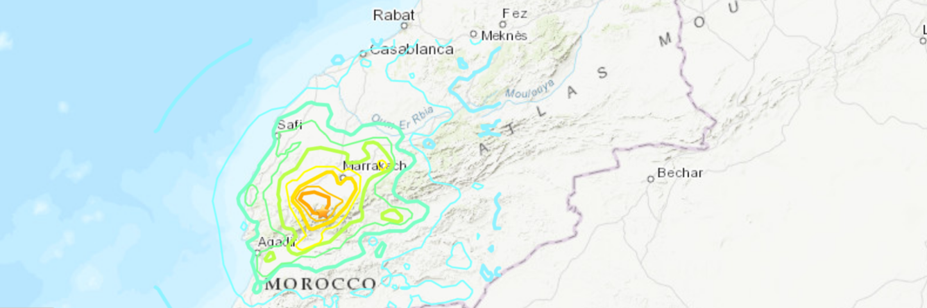 Map showing area where earthquake struck in Morocco, with epicenter in the Atlas Mountains near Marrakech and shaking further out, including north to Casablanca