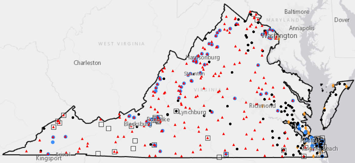 Map of Virginia water-monitoring-site locations from the USGS Water Data for the Nation (WDFN).