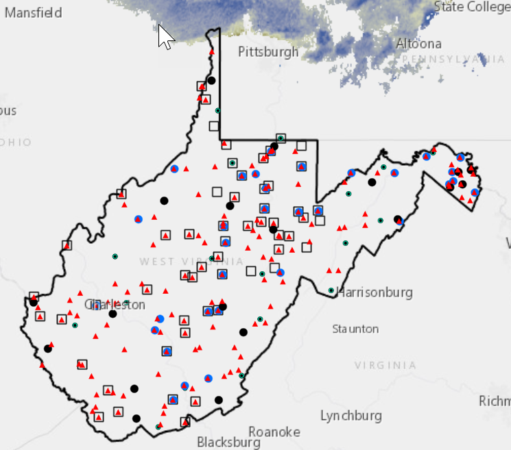 Map of West Virginia water monitoring-site locations from the USGS National Water Information System (NWIS). 