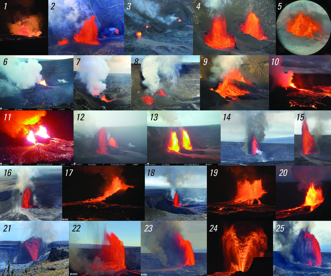 Color panel with multiple photographs of lava fountains