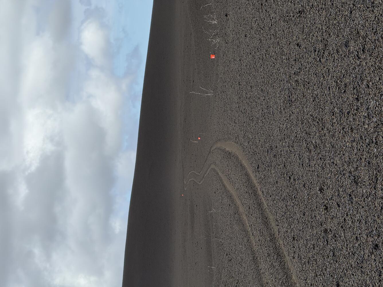 Color photograph of volcanic landscape with tire tracks