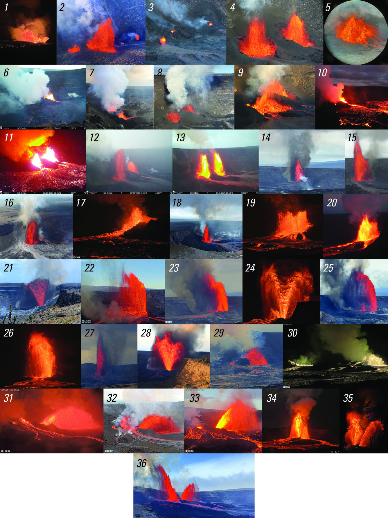 Color graphic with 36 smaller images of volcanic eruptions