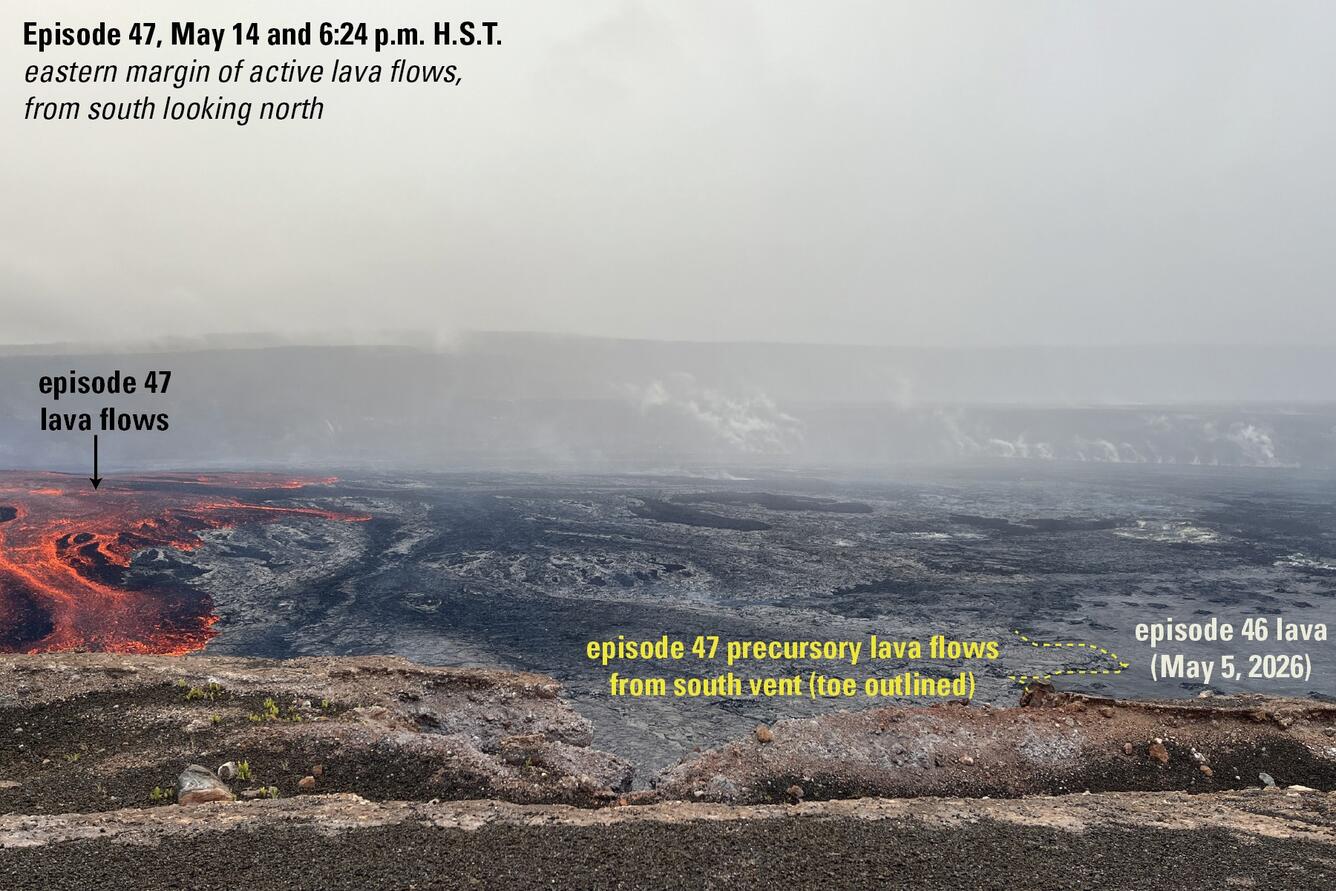 Annotated photograph of active and inactive lava flows