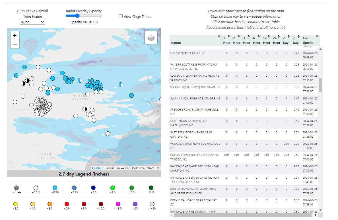 North Carolina Cumulative Rainfall Map with National Weather Service Radar Overlay