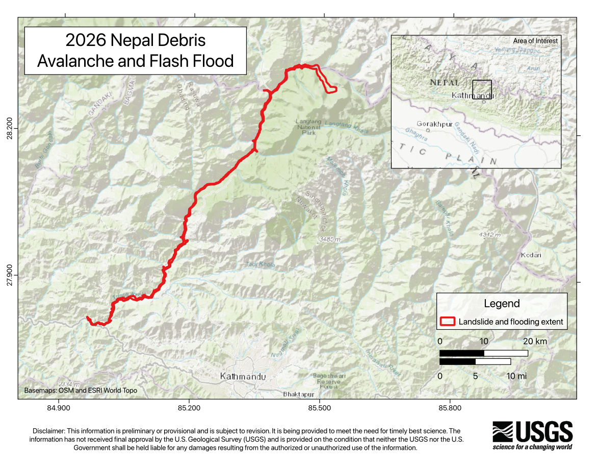 Map of the landslide and flooding extent of the 2026 Nepal Debris Avalanche and Flash Flood