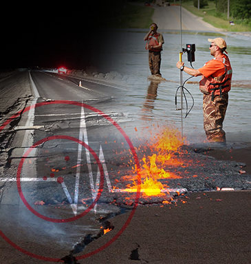 Collage of images of an earthquake, scientists in flood with instruments, a volcano erupting, and seismic illustration. 