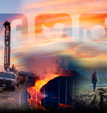 Collage of oil rig, Kilauea erupting, scientist in Alaska, seismographic illustration, and facebook, twitter, and instagram icons in the skyline.