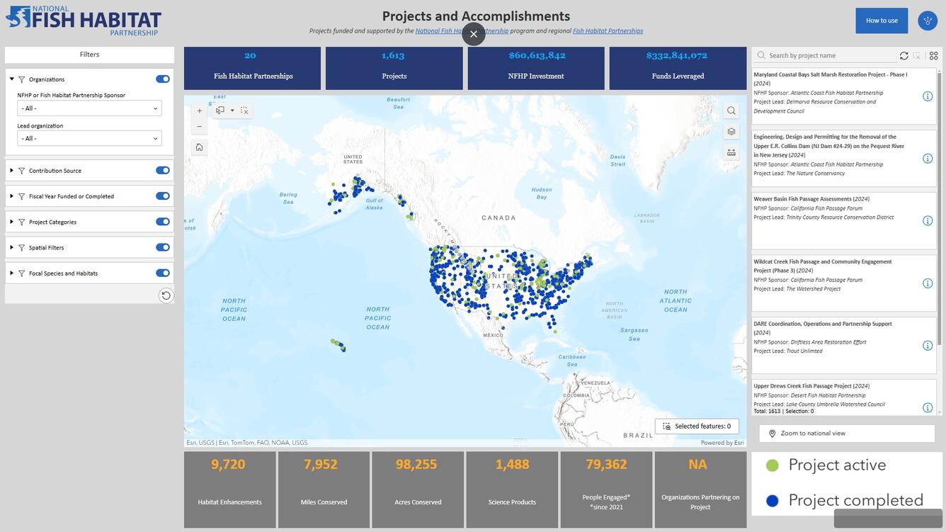 Screenshot of the National Fish Habitat Partnership Projects and Accomplishments dashboard 