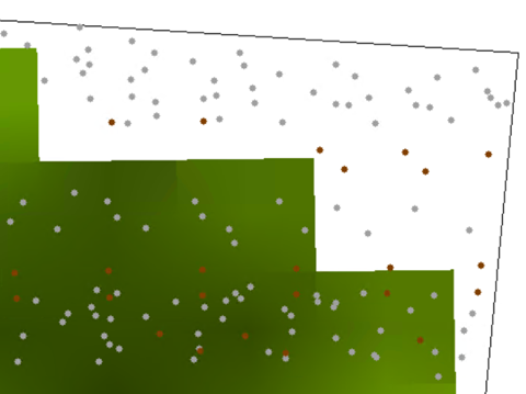 Illustration of non-orthogonality of tiles and raster pixels due to reprojection.