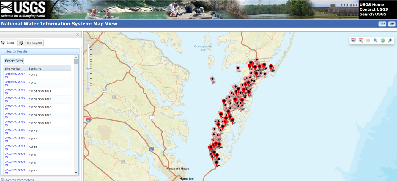 A screenshot of the National Water Information System interactive map showing the locations of active and inactive groundwater wells on the Eastern Shore of Virginia and Maryland.