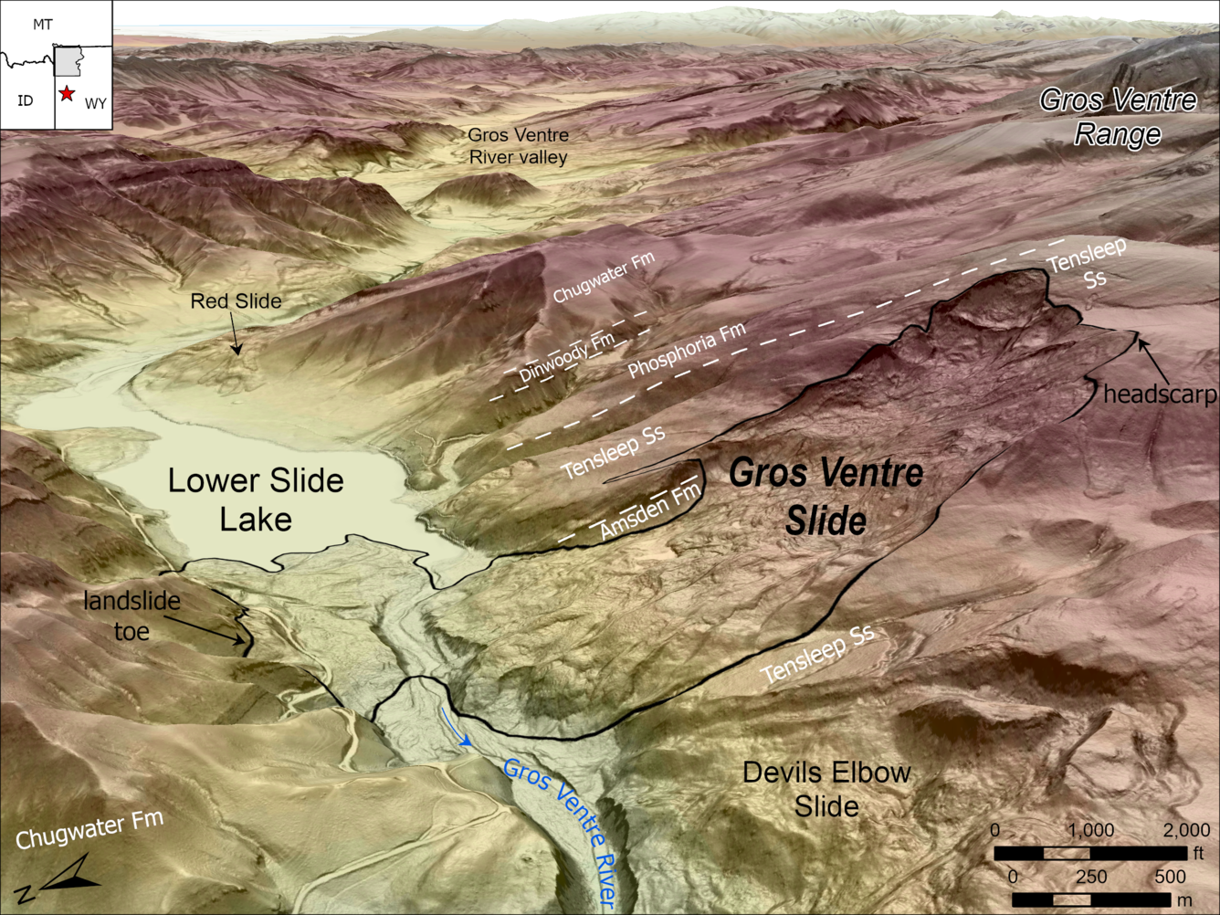 shaded relief map with topography indicating landslide scars along mountains that border a river valley
