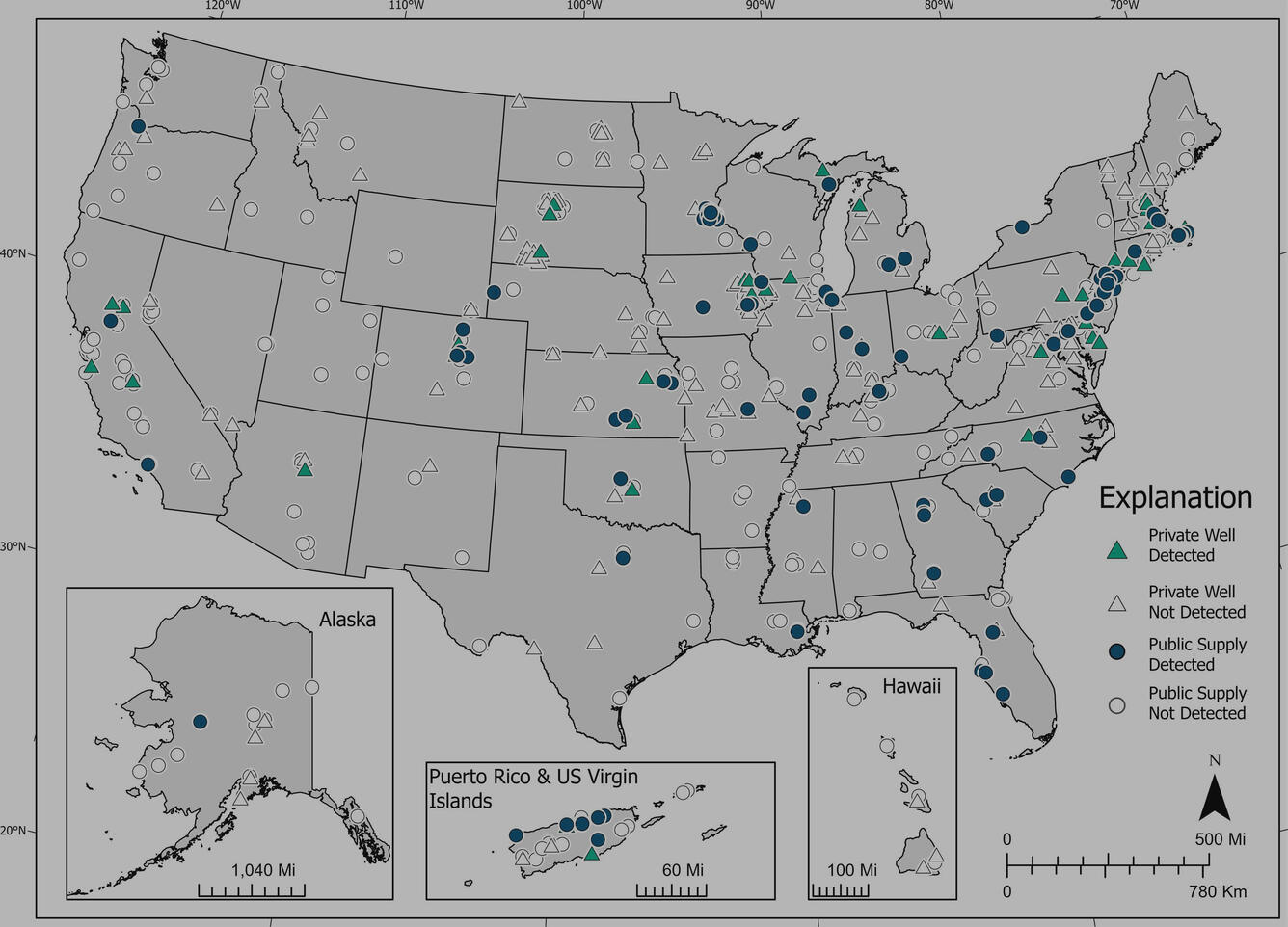 Per- and polyfluoroalkyl substances (PFAS) detections in point-of-use tapwater collected from public-supply (blue circles) and private-wells (green triangles) 