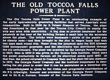 Photo of historic plaque below Toccoa Falls, Georgia
