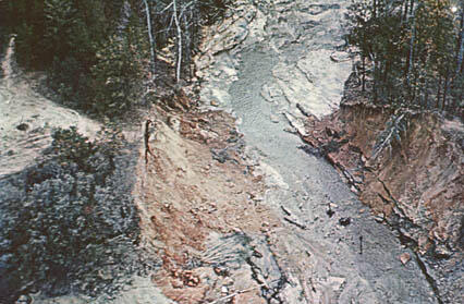 Aerial view of the breached dam looking downstream.