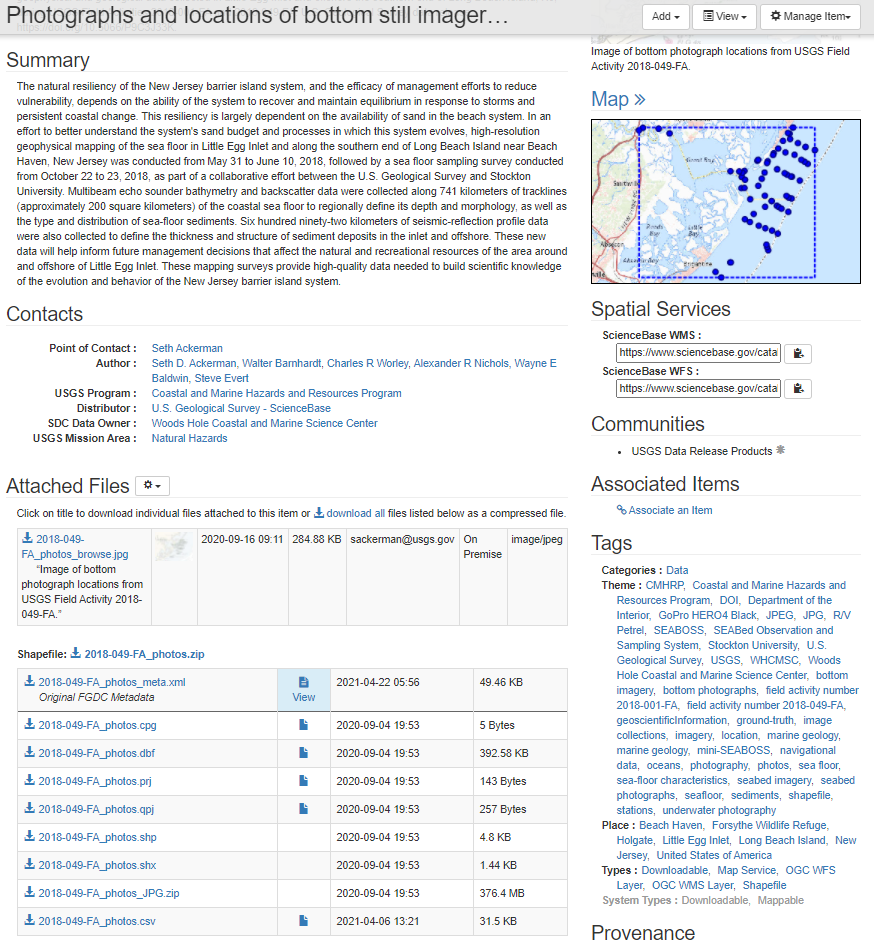 Screenshot of a ScienceBase data release landing page with a collection of photos in the attached files.