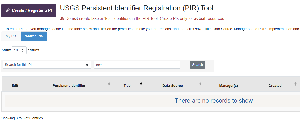 Screenshot of the PIR Tool, search PI option