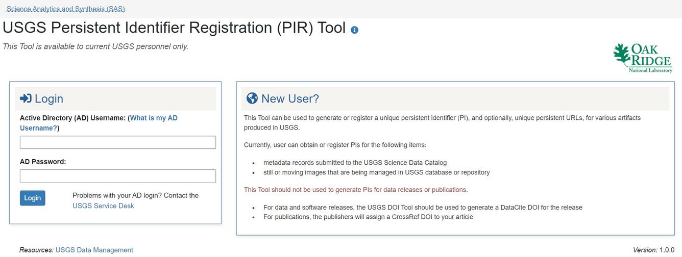 Screenshot of the Persistent Identifier Registration Tool