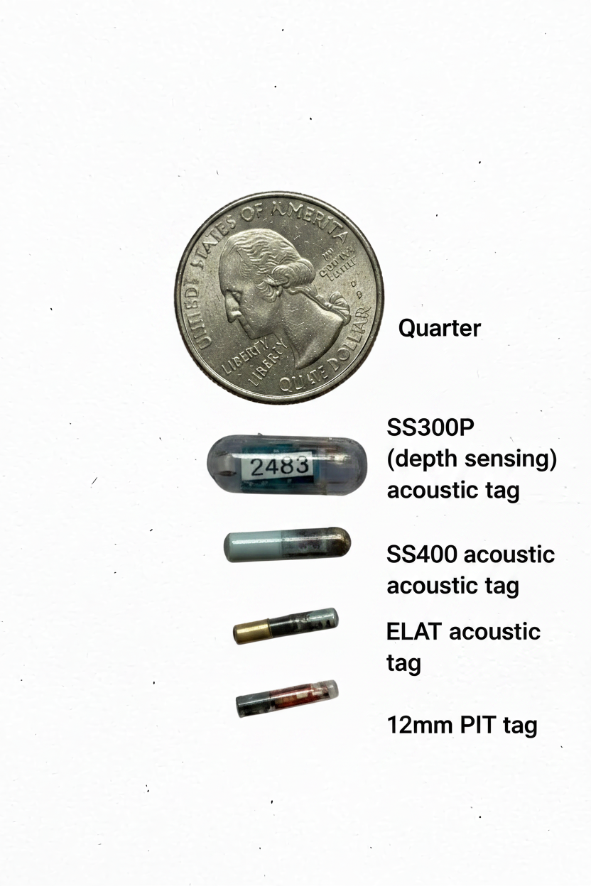 Types of tags with size comparison to quarter coin