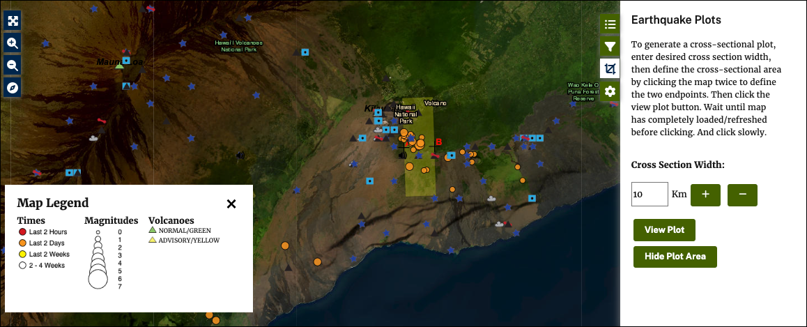 screenshot of volcano monitoring map showing earthquake plot results