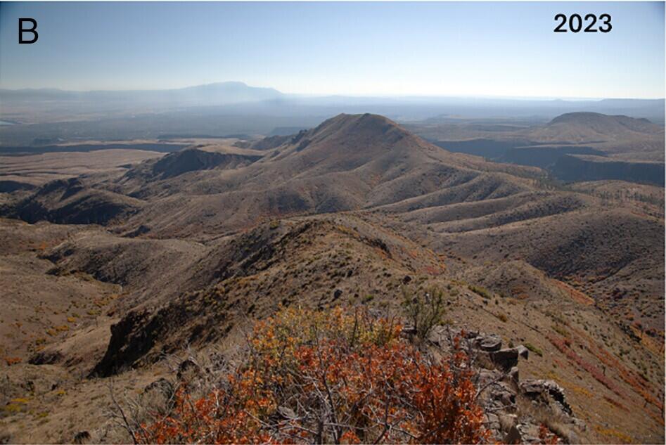 Repeat photograph showing the near-complete conifer forest loss following two high-severity fires 