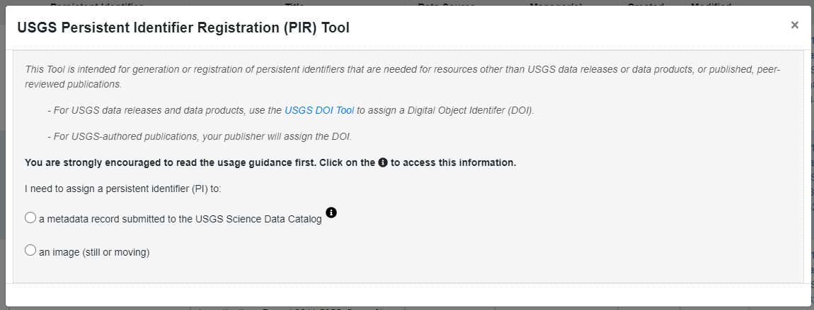 Screenshot of the PIR Tool, registration pop-up
