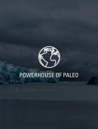 Powerhouse of Paleo with globe icon and glacier image in background