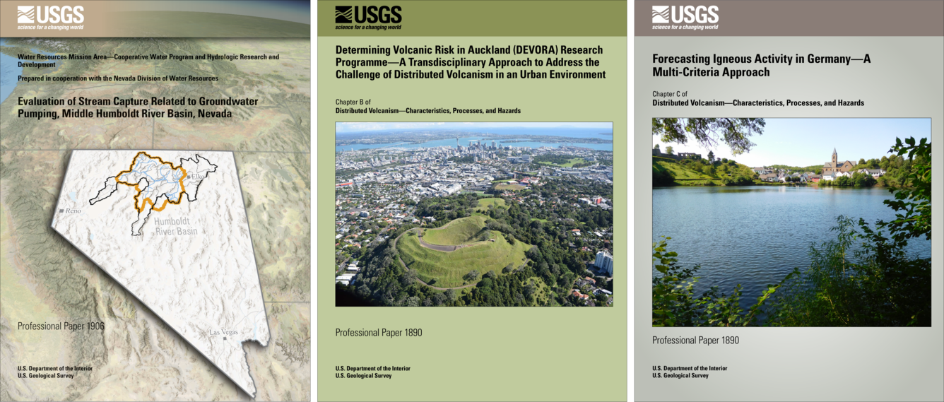 Three pub covers side by side featuring (left) water sample, (mid) rock with tool, and (right) small bird
