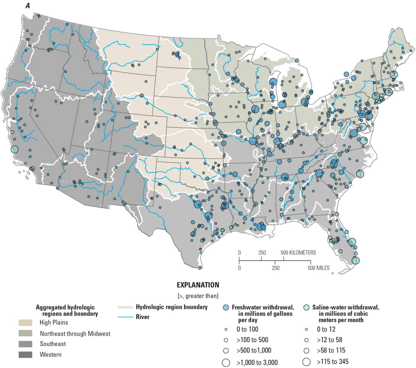 Map of the lower 48 U.S. showing water withdrawals for thermoelectric power generation