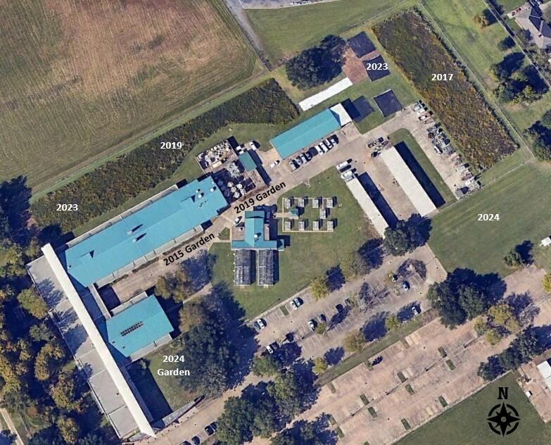 Aerial image of WARC with coastal prairie and pollinator garden establishment dates