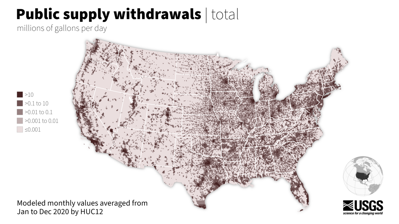 Public supply Water Use map, monthly averages 2020 by watershed