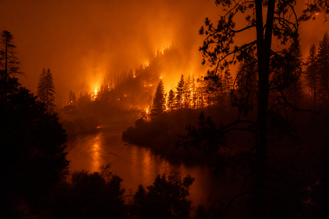Trees burning next to a river