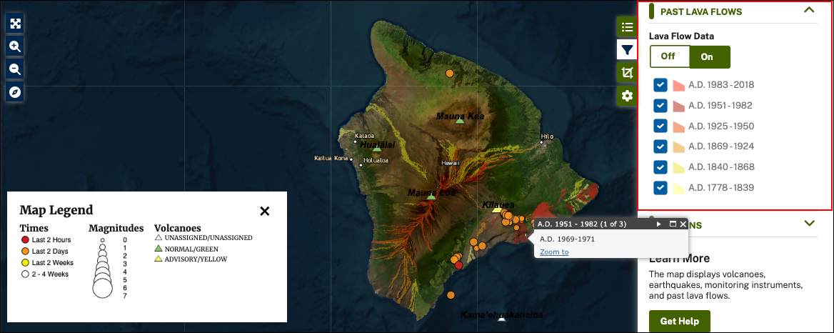 screenshot of volcano monitoring map showing recent lava flow filters