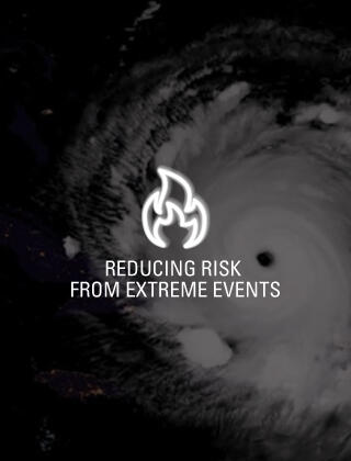 Reducing Risk from Extreme Events with fire icon and hurricane satellite image in background