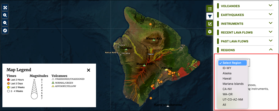 screenshot of volcano monitoring map showing regions filter