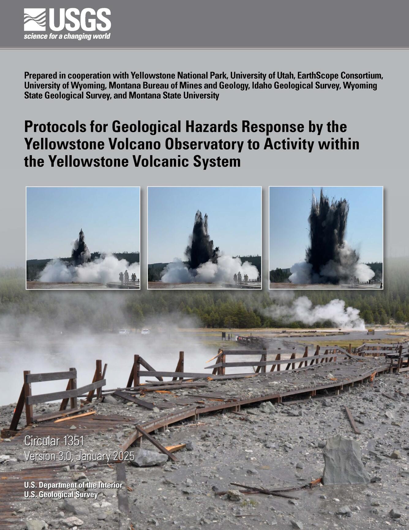 Report cover with a damaged boardwalk and inset showing progression of a hydrothermal explosion