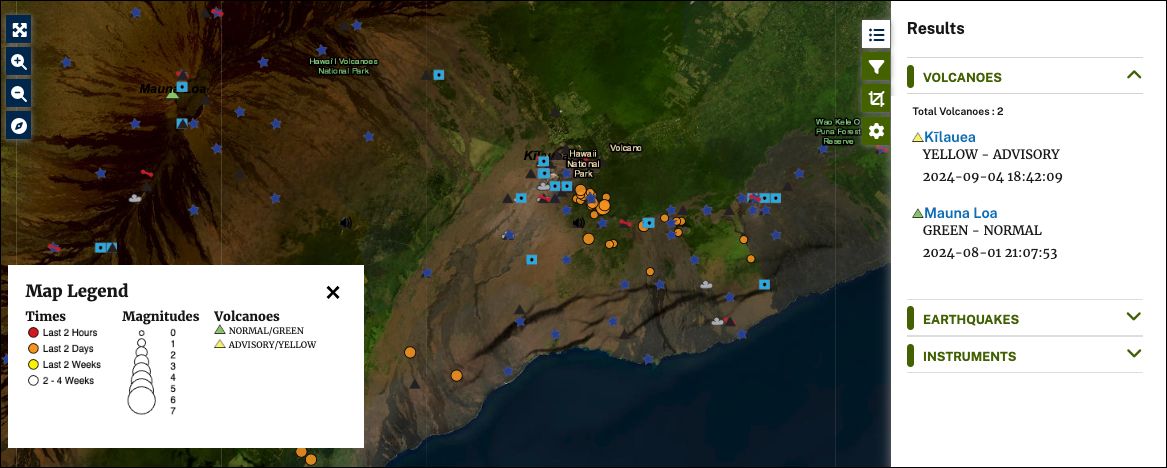 screenshot of volcano monitoring map showing results panel