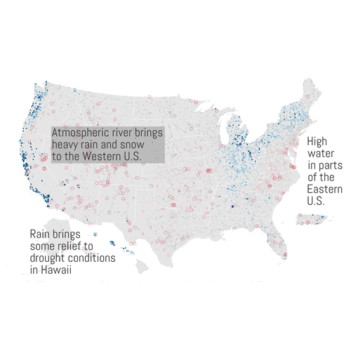 Screenshot of an animation showing changing hydrologic conditions at USGS gage locations from October to December 2021