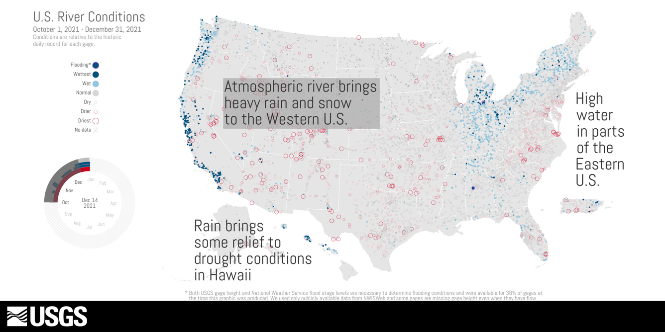 Screenshot of an animation showing changing hydrologic conditions at USGS gage locations from October to December 2021