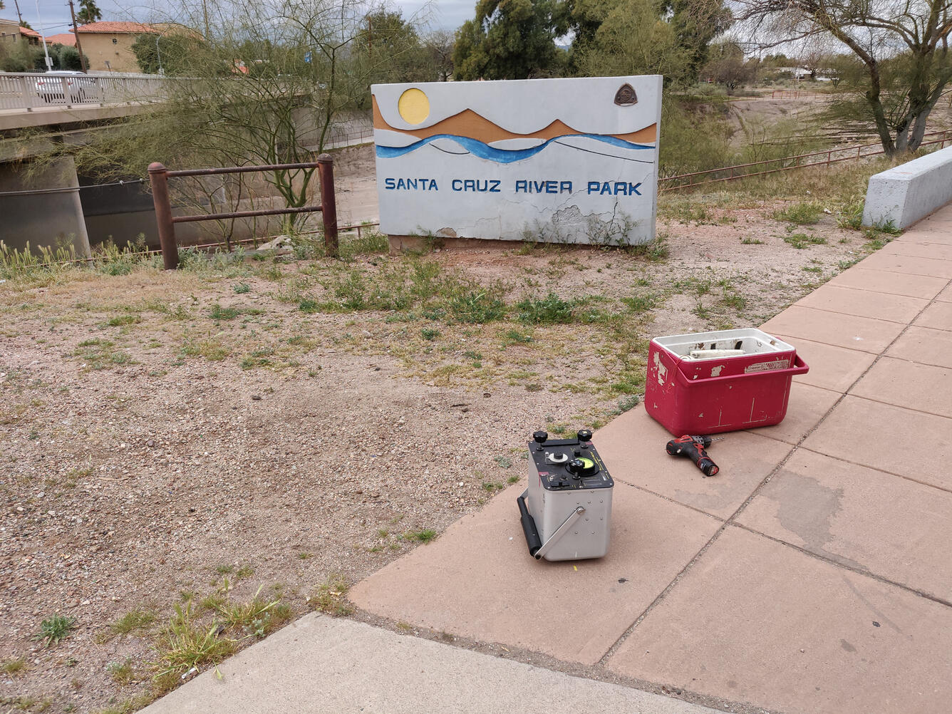 Relative gravimeter setup in front of Santa Cruz River Park, Tucson, Arizona
