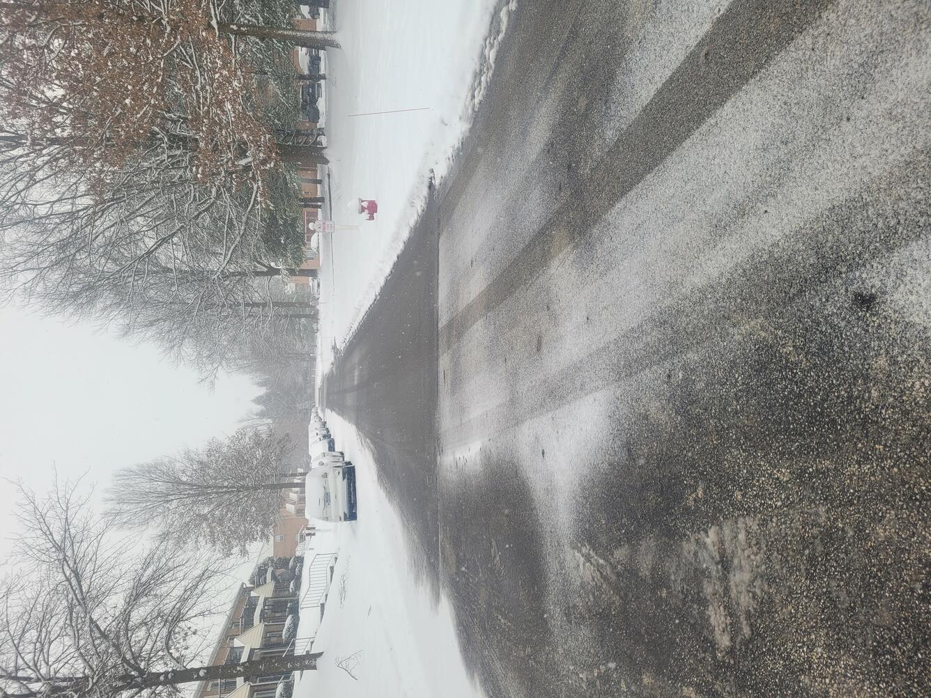 Road in neighborhood covered in snow with heavy salt on ground. Car tire tracks going through salt. 