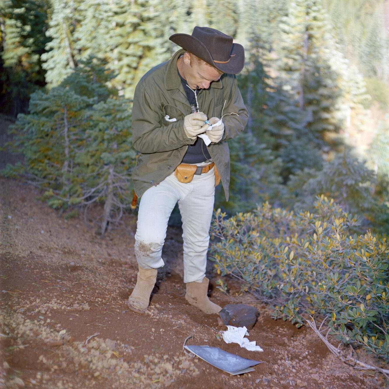 A red-haired man wearing khaki pants, brown boots, a green jacket, and a black cowboy hat stands on a steep, reddish slope surrounded by manzanita bushes and small pine trees. He is taking notes in a small notebook. In the background, a thick pine forest is lit by sunlight.