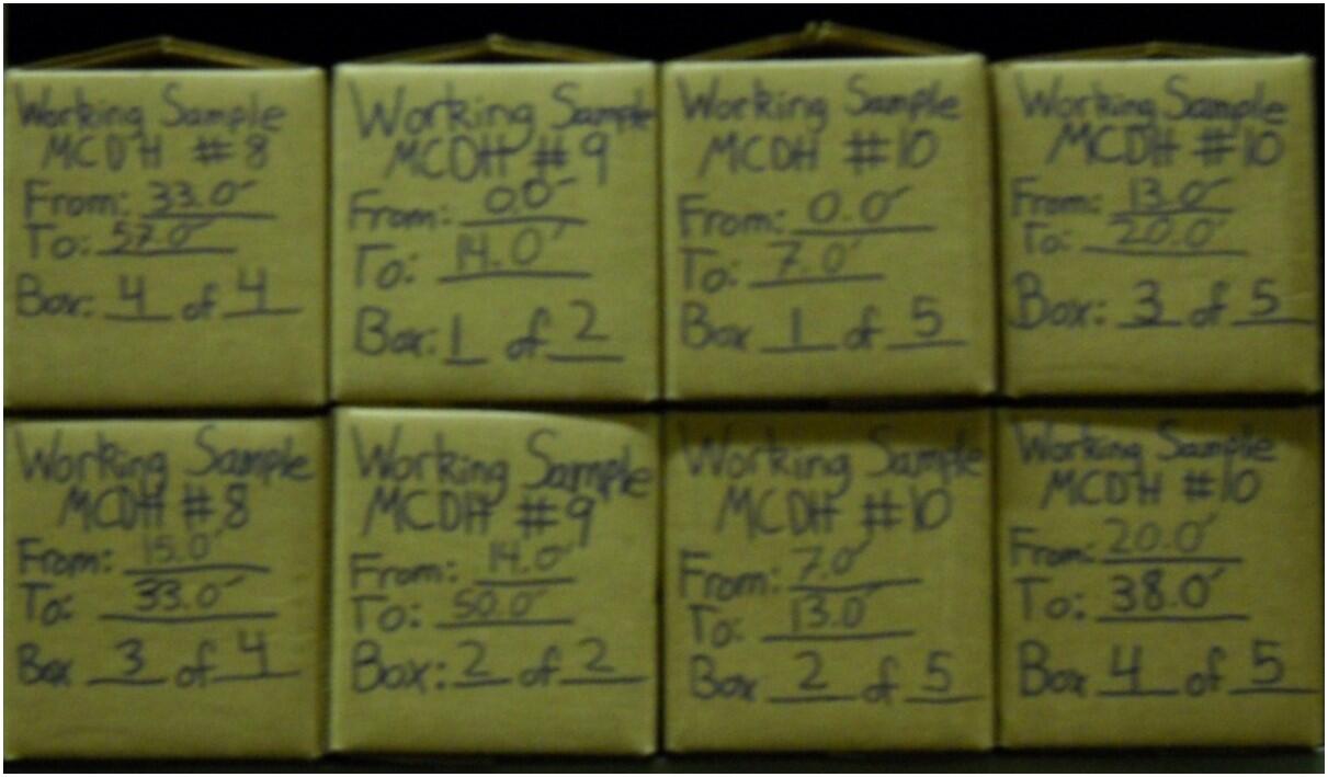 Small boxes that are used for storing and archiving drill cuttings from Meteor Crater