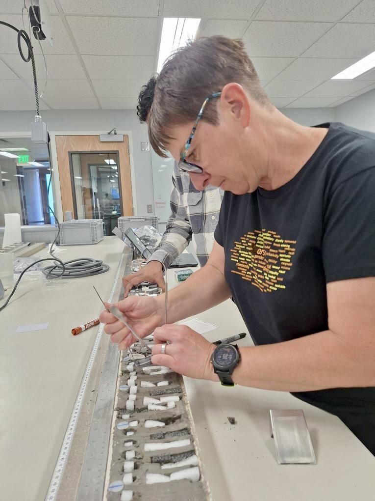 Scientist in a lab collecting samples from an open sediment core