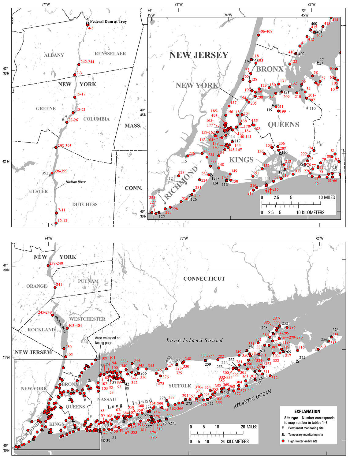 Map shows New York counties with dots to show locations of permanent and temporary monitoring sites and high-water mark sites